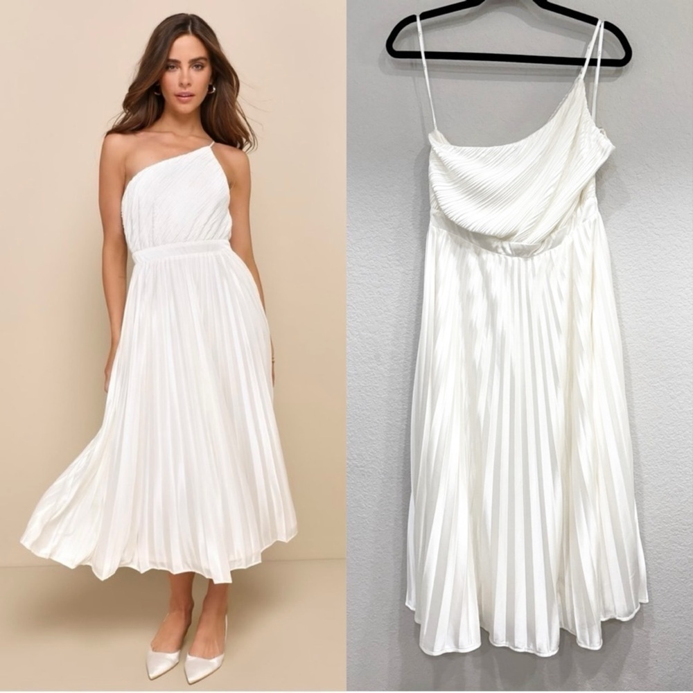 Sz L - NWOT Lulus Alluring Marvel Ivory Pleated Satin One-Shoulder Midi Dress